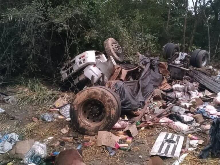 Caminhão carregado com cestas básicas capota na rodovia MG-451