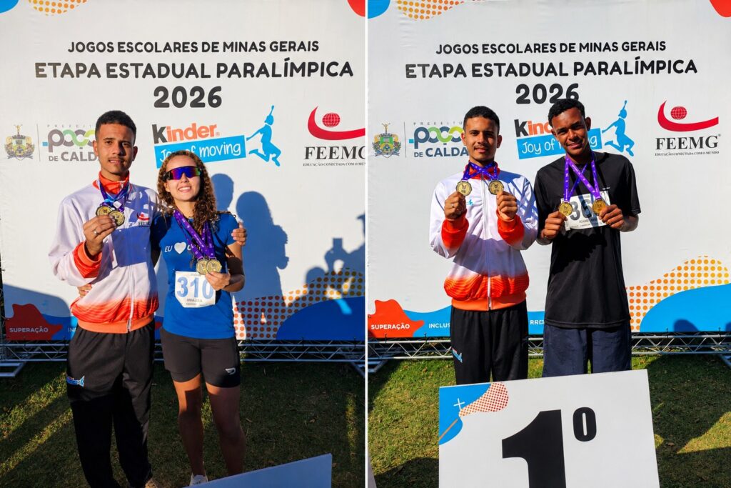: Os campeões no Atletismo Anna Júlia Hadassa Batista, da Escola Estadual Dom Aristides Porto e Matheus Felipe Soares Vieira, da Escola Estadual João de Freitas Neto